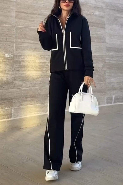 Women's Lapel Long Sleeve Zipper Two Piece Suit