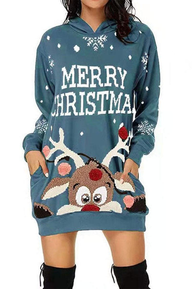 Women's Casual Christmas Printed Long Sleeve Hooded Dress