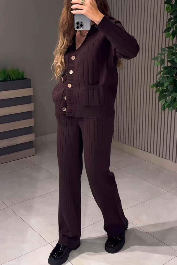 Women's casual solid color knitted sweater pants suit