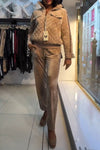 Women's Lapel Solid Color Cotton Coat and Trousers Two-piece Set