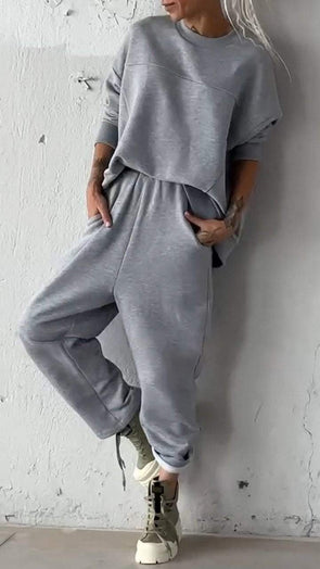 Women's Round Neck Long Sleeve Sweatshirt Two Piece Set