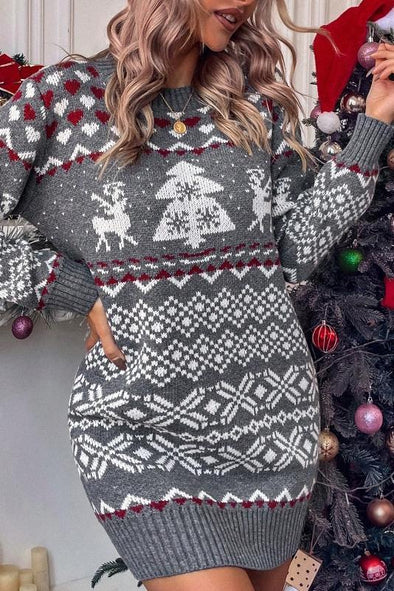 Women's Christmas Crew Neck Knitted Dress