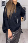 Women's casual loose hooded fur collar knitted pullover