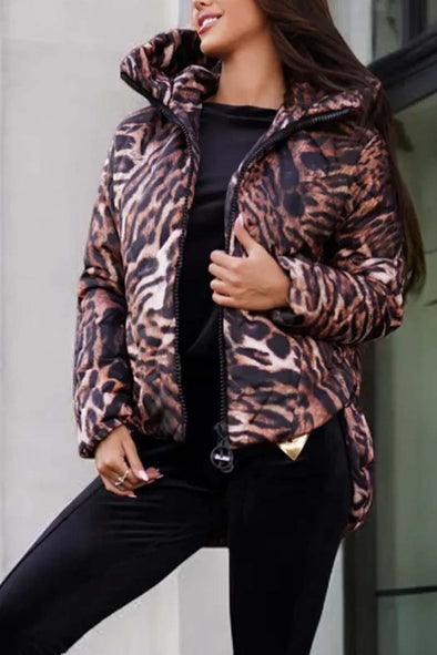 Women's fashionable irregular hem animal print short cotton coat