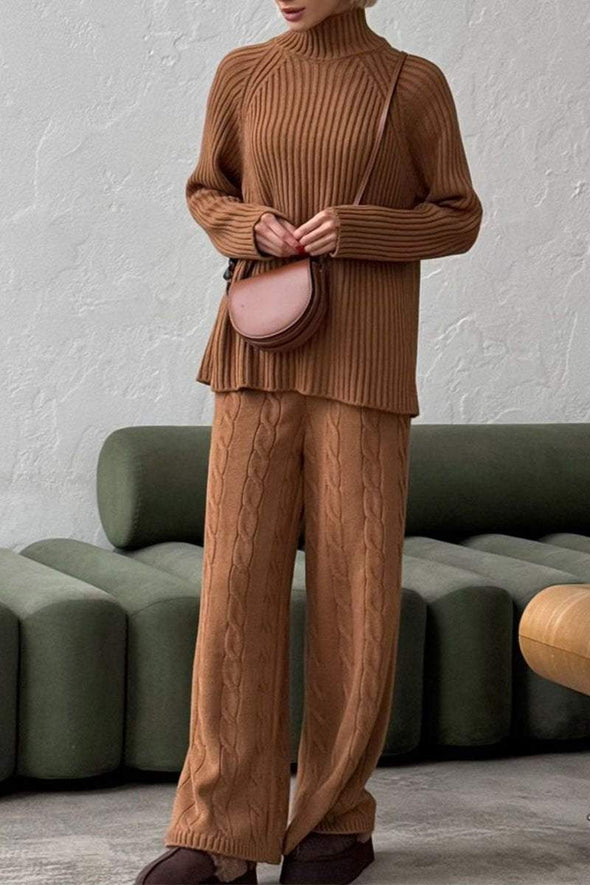 Women's Solid Color Turtleneck Knitted Top and Trousers Two-piece Set