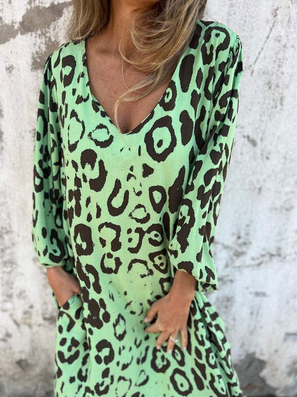 Women's V-neck Long-sleeved Leopard Print Dress