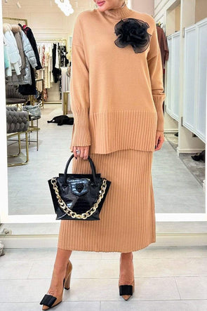 Women's Turtleneck Long Sleeve Sweater Skirt Two Piece Set