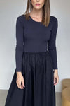 Women's solid color long sleeve knitted patchwork pleated dress