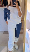 Women's Casual Round-neck Denim Patchwork Sweatshirt Two-piece Set