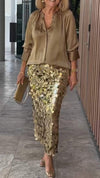 Women's Long-sleeved Shirt and Sequined Skirt Two-piece Set