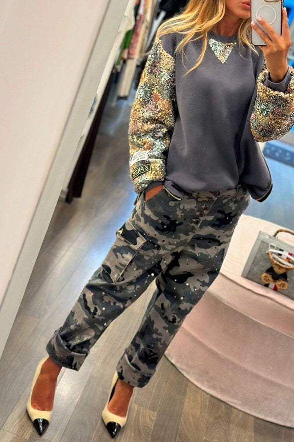 Women's Sequined Top and Camouflage Pants Two-piece Set