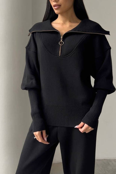 Women's casual zipper lapel small sleeve set