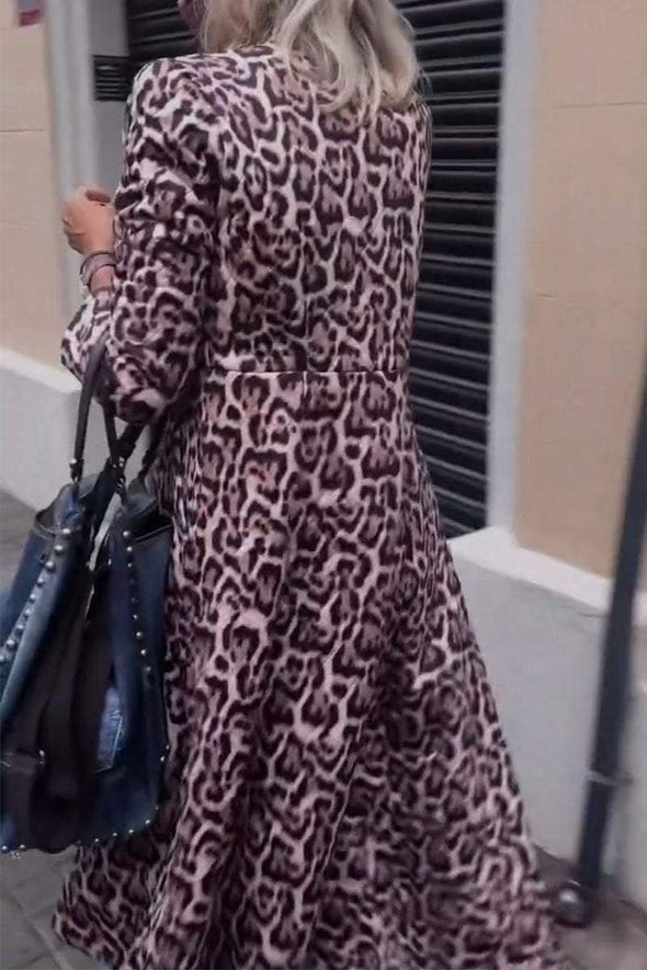 Women's Leopard Print High Collar Long Sleeve Trench Coat