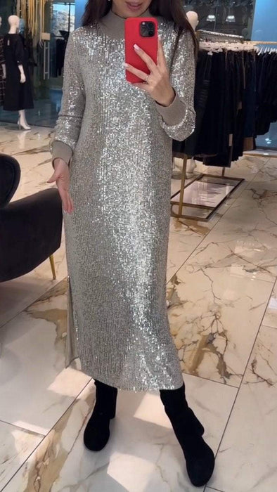 Women's Round Neck Long Sleeve Sequin Dress