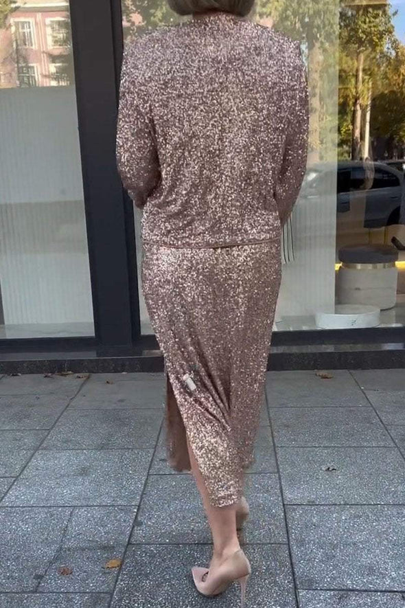 Women's Sequined Round Neck Long Sleeve Skirt Suit