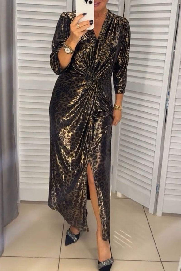 Women's V-neck Leopard Print Slit Dress