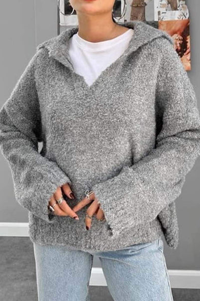 Women's Solid color lapel long sleeve sweater