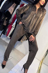 Women's Casual Round-neck Shiny Suede Two-piece Suit