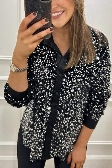 Women's Lapel Single Row Sparkly Party Shirt