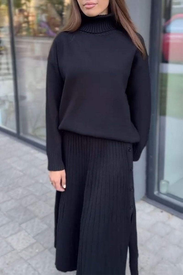 Women's Turtleneck Long Sleeve Sweater Skirt Two Piece Set