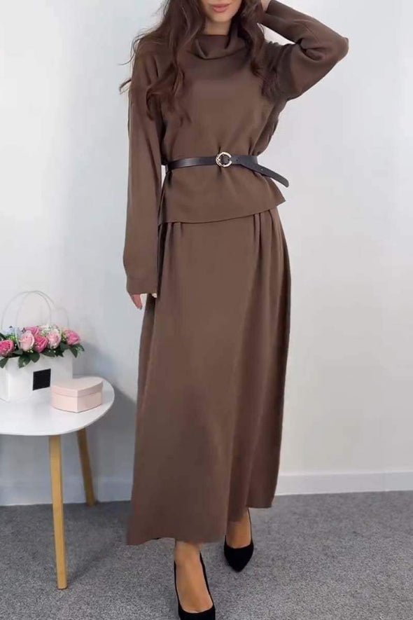 Women's casual solid color turtleneck top and skirt suit