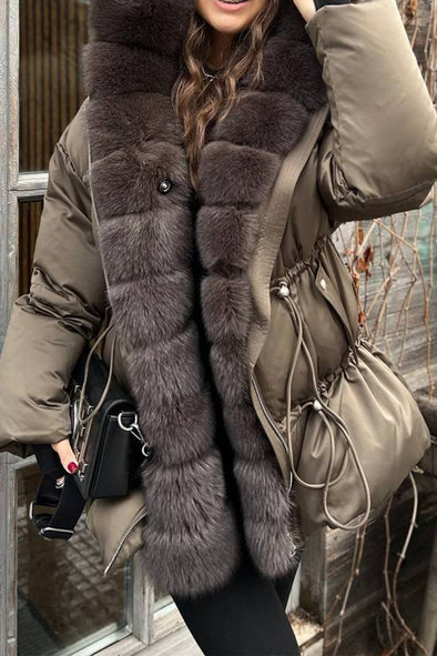 Women's Casual Solid Color Large Fur Collar Cotton Coat