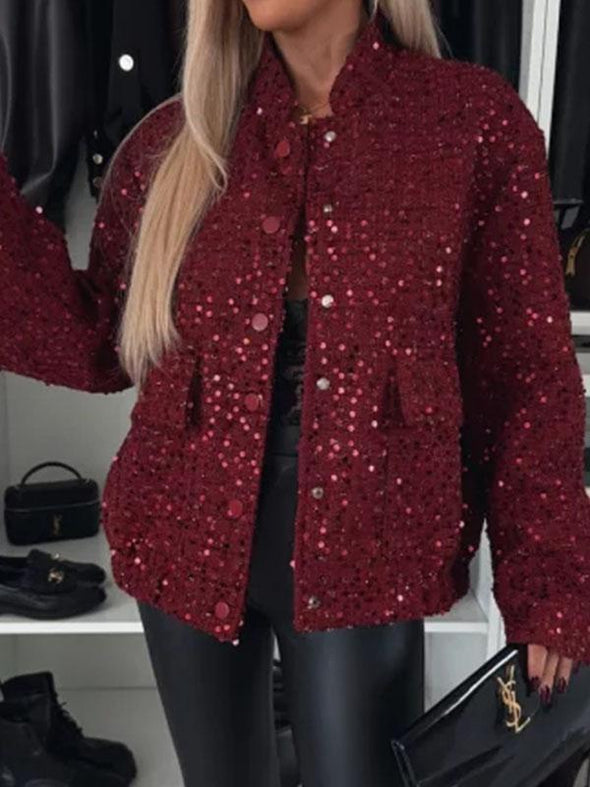 Women's Round Neck Long Sleeve Sequined Casual Coat