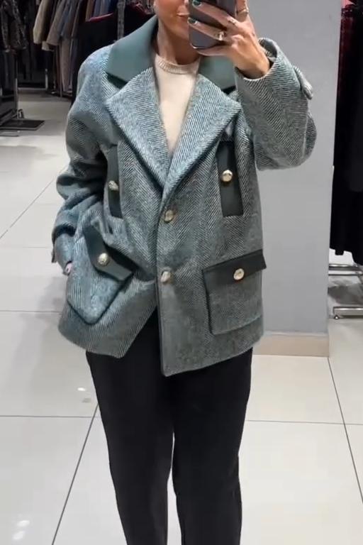 Women's Herringbone Color-blocked Lapel Jacket