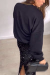 Women's Casual Round Neck Sequin Bow Decorated Sequin Skirt Suit