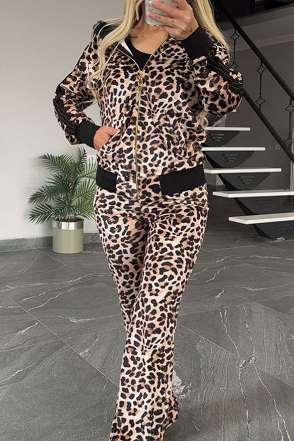 Women's Casual Leopard Print Hooded Track Suit