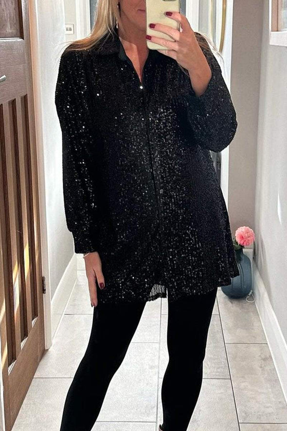 Women's Lapel Single Breasted Sequin Party Shirt