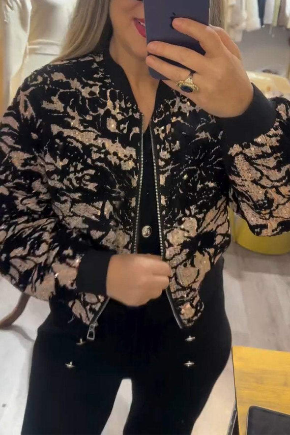 Women's Casual Round Neck Sequined Printed Jacket