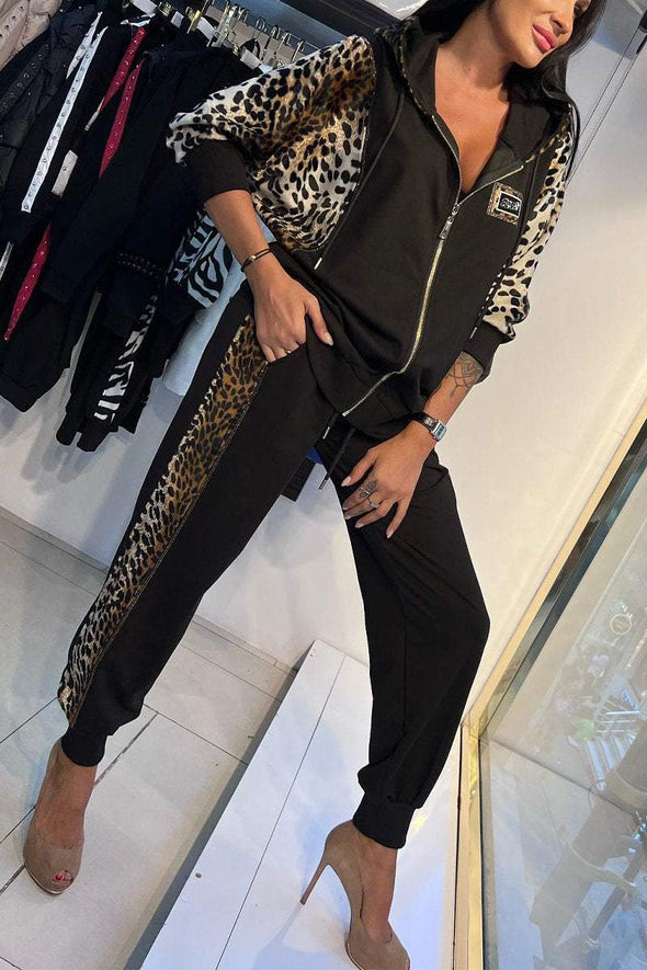 Women's Casual Hooded Animal Printed Two-piece Suit