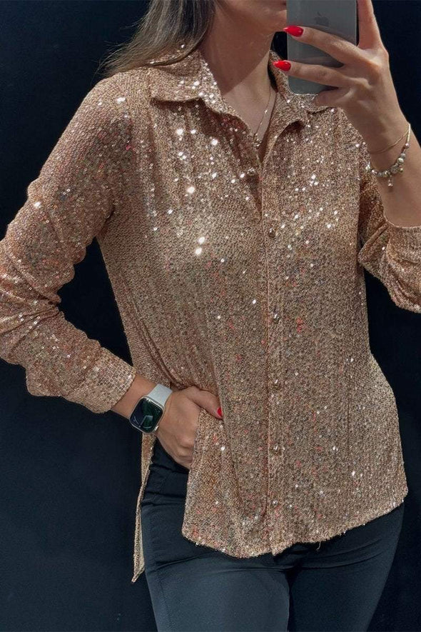 Women's Lapel Single-breasted Sequined Shirt