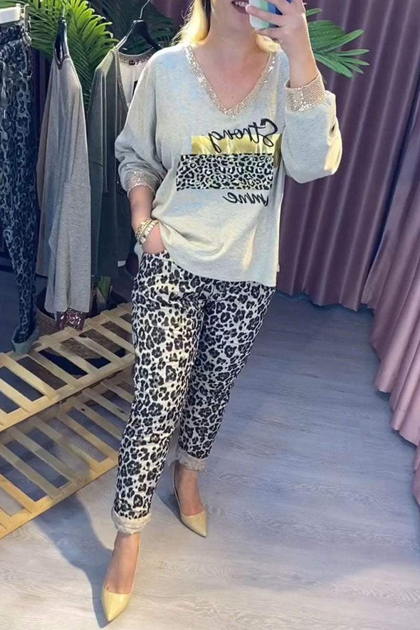 Women's V-neck Sequined Top and Leopard Print Trousers Set