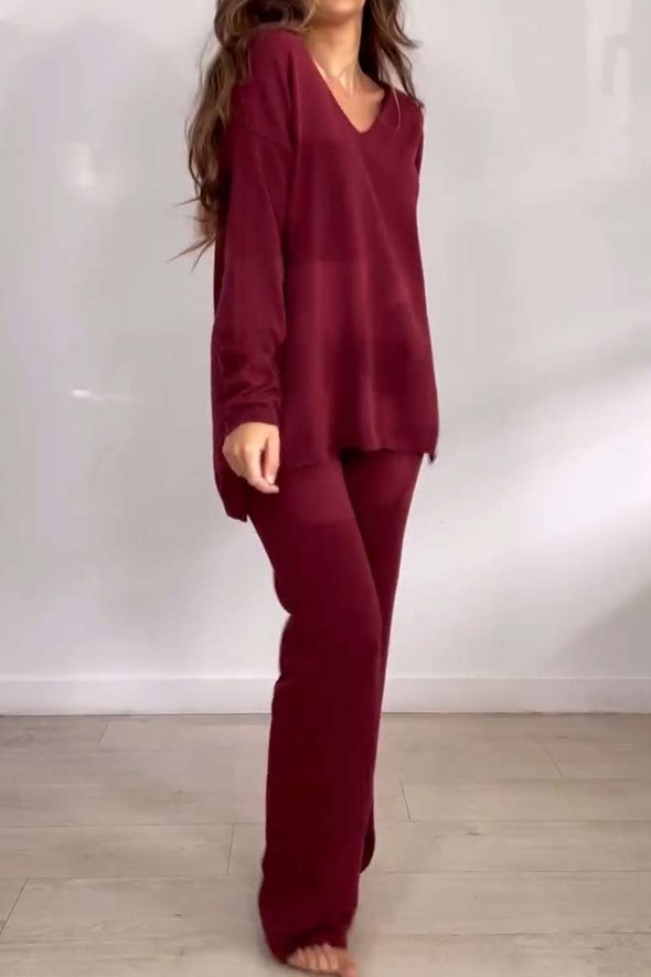 Women's casual solid color V-neck top and trousers knitted suit