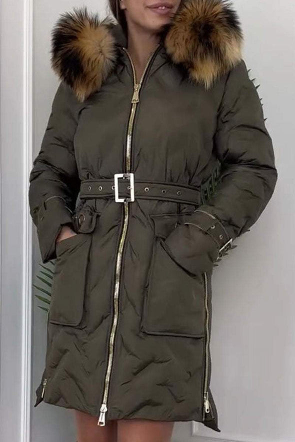 Women's Fur Collar Waist Long Coat