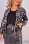 Women's Casual Round Neck Sequined Cardigan And Skirt Suit