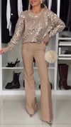 Women's Round Neck Sequined Sweater + Trousers Casual Suit