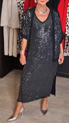 Women's V-neck Sequined Cardigan + Dress Casual Suit