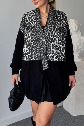 Women's leopard-print wool panelled V-neck jacket