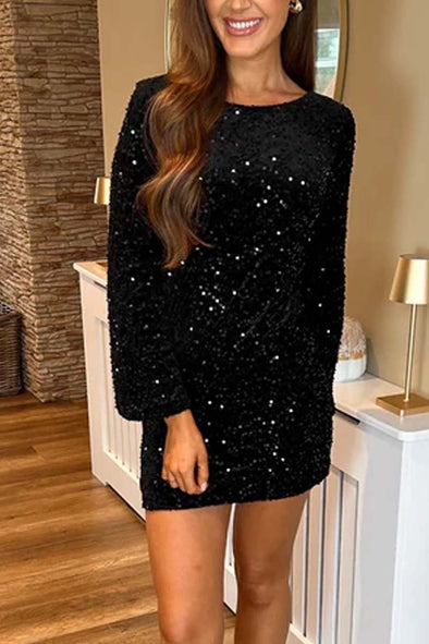 Women's Fashionable Sequin Bell Sleeve Dress