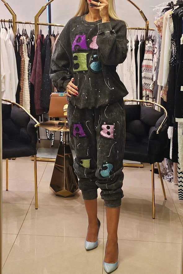 Women's Round Neck Printed Sweatshirt and Trousers