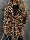 Women's Lapel Long Sleeve Leopard Print Fur Collar Casual Coat