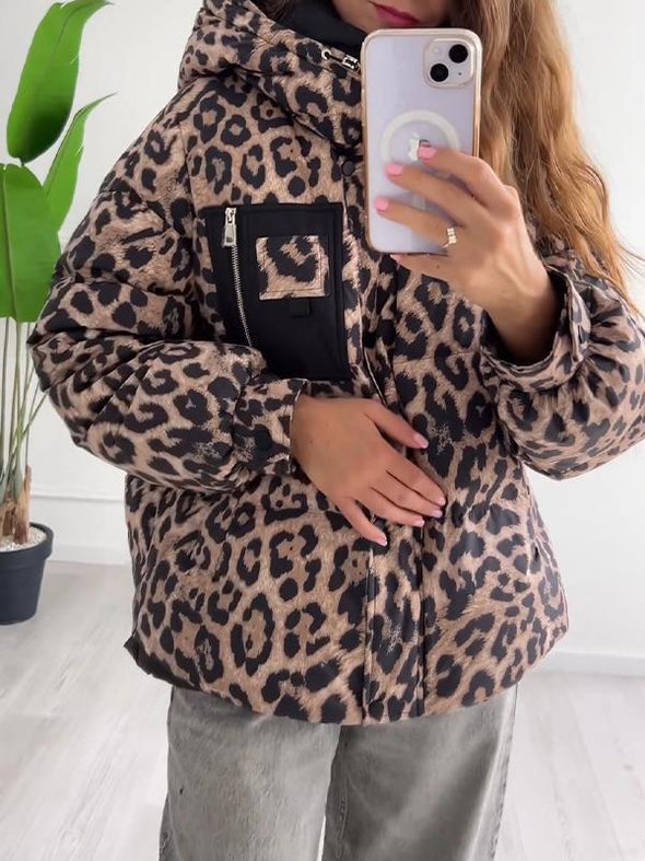 Women's Leopard Print Long Sleeve Hooded Coat