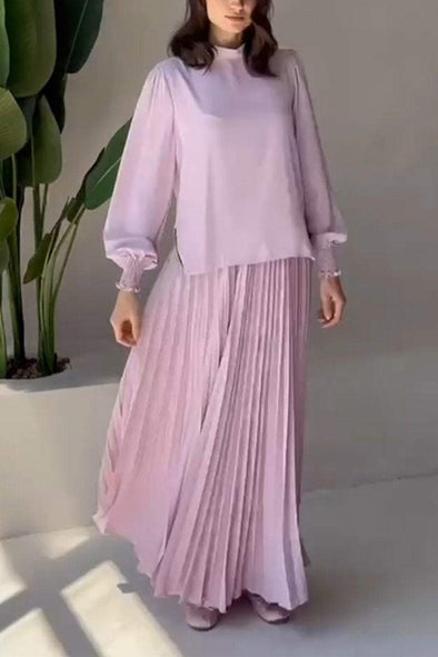 Women's Round Neck Long-sleeved Top + Pleated Skirt Two-piece Set