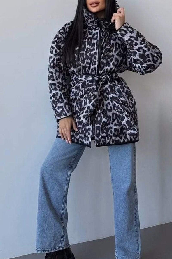 Women's Fashion Leopard Print Hooded Down Reversible Overcoats