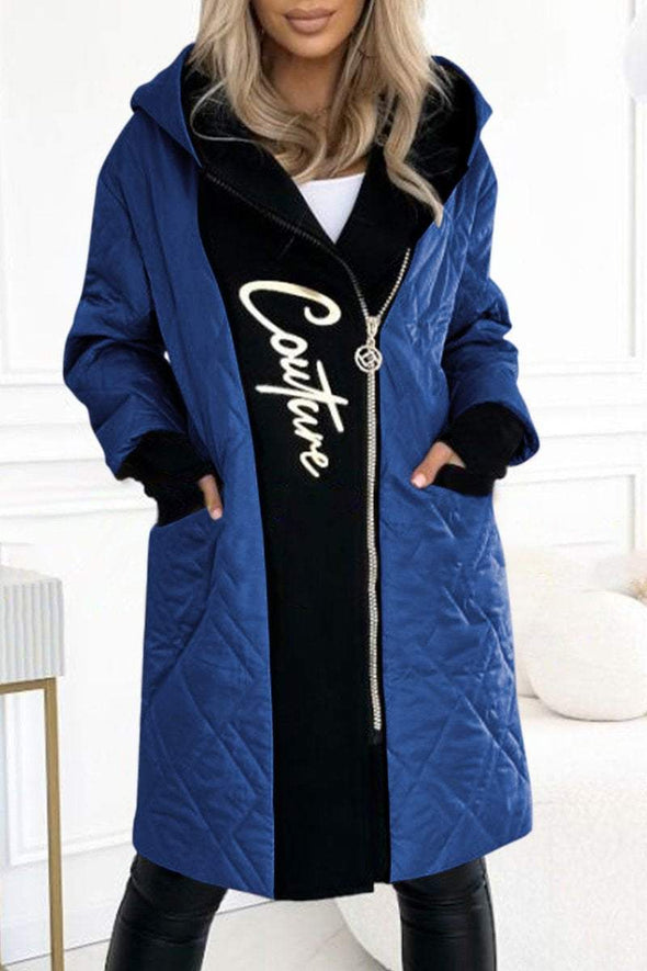 Women's Hooded Zippered Letter Print Long Coat