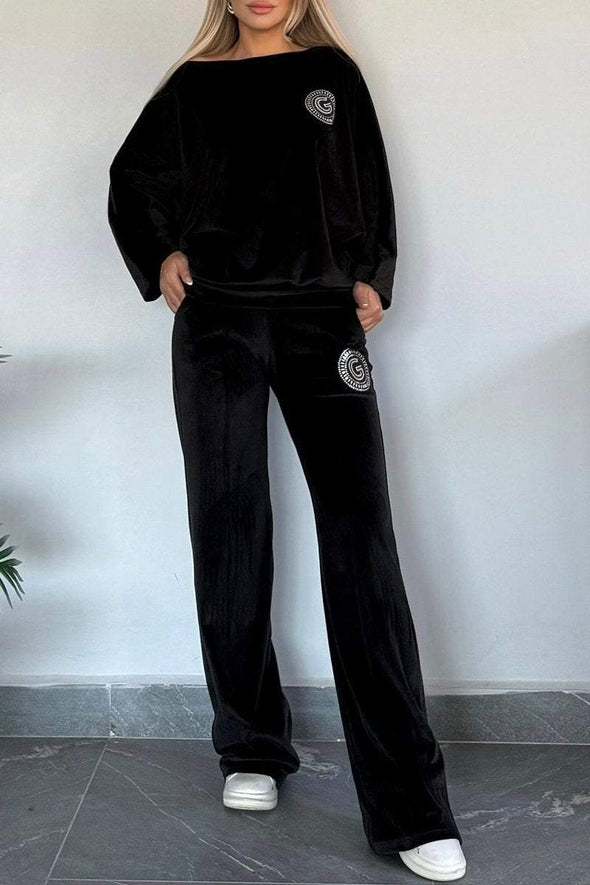 Women's One-shoulder Long-sleeved Velvet Casual Suit