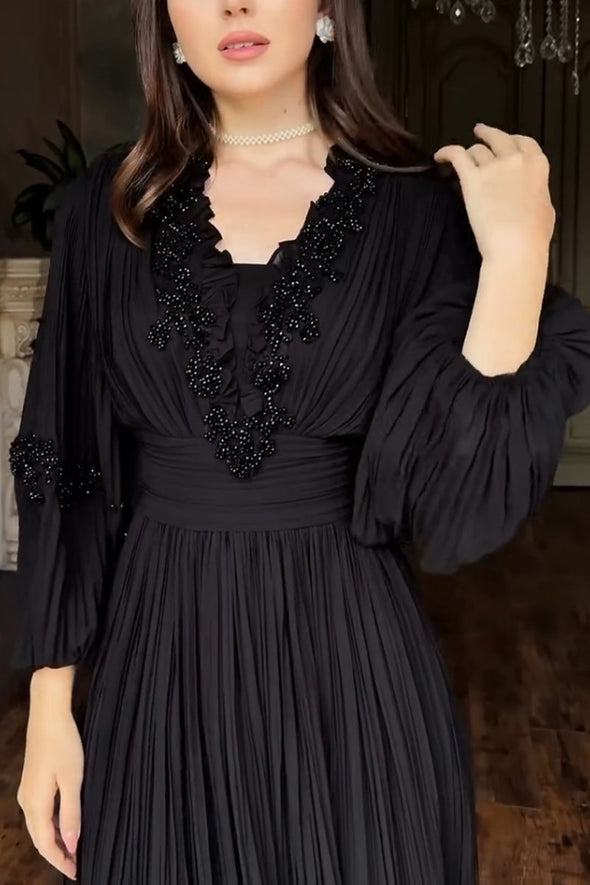 Women's Elegant V-neck Lace-embellished Puff Sleeve Dress